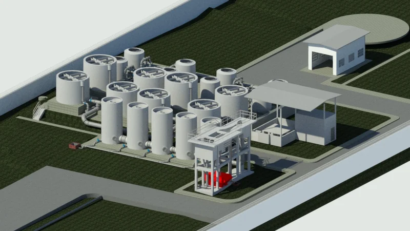 Projeto em BIM da mesma estação, renderizado em ângulo semelhante