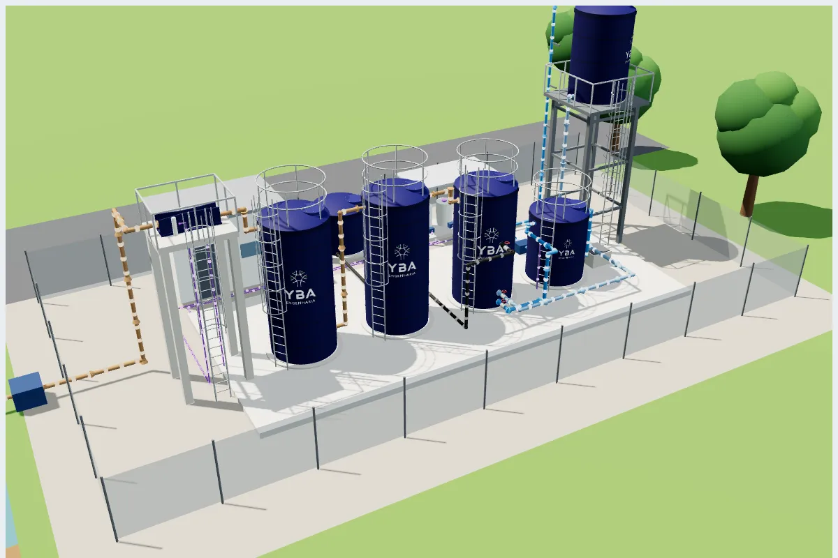 Maquete 3D de ETA compacta de ciclo completo em PRFV azul-marinho