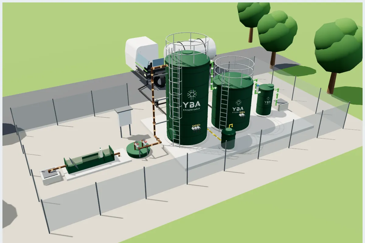 Maquete 3D de ETE vertical apoiada em PRFV verde, com reator UASB e filtro anaeróbio